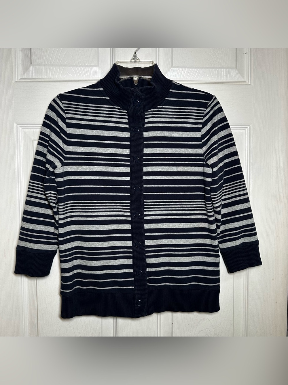 Jones New York Snap Front Cardigan Navy Gray Striped Nautical Women's S